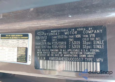 2013 Hyundai Santa Fe Limited z USA, uszkodzony, nr VIN KM8SR4HF5DU003517